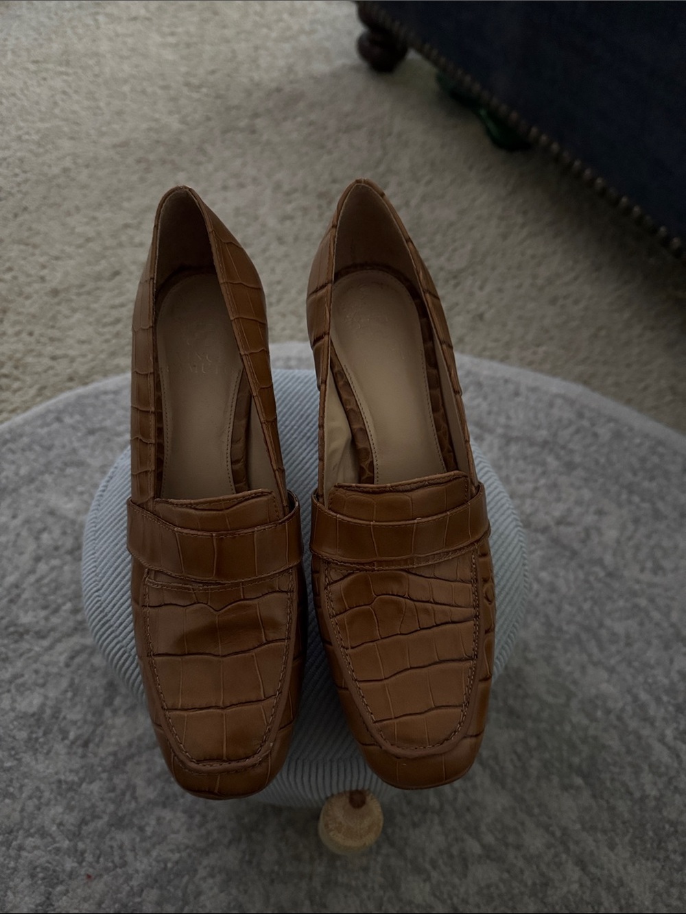 Women's Croc-Embossed chunky Heel Penny Loafers in Tan